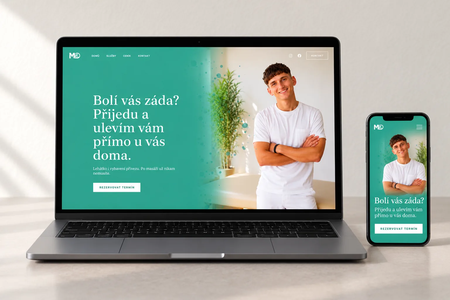 Masér Ondra – webová prezentace na notebooku a mobilu